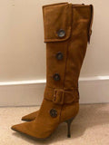 Brown Suede Buckled Button Down Knee Boots