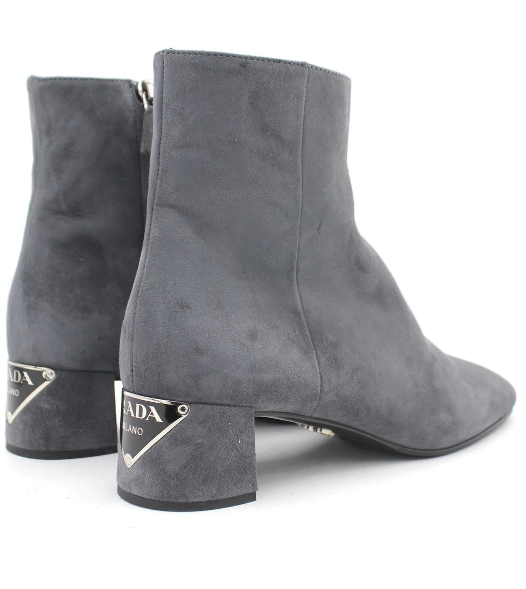 Grey Suede Plaque Heel Ankle Boots