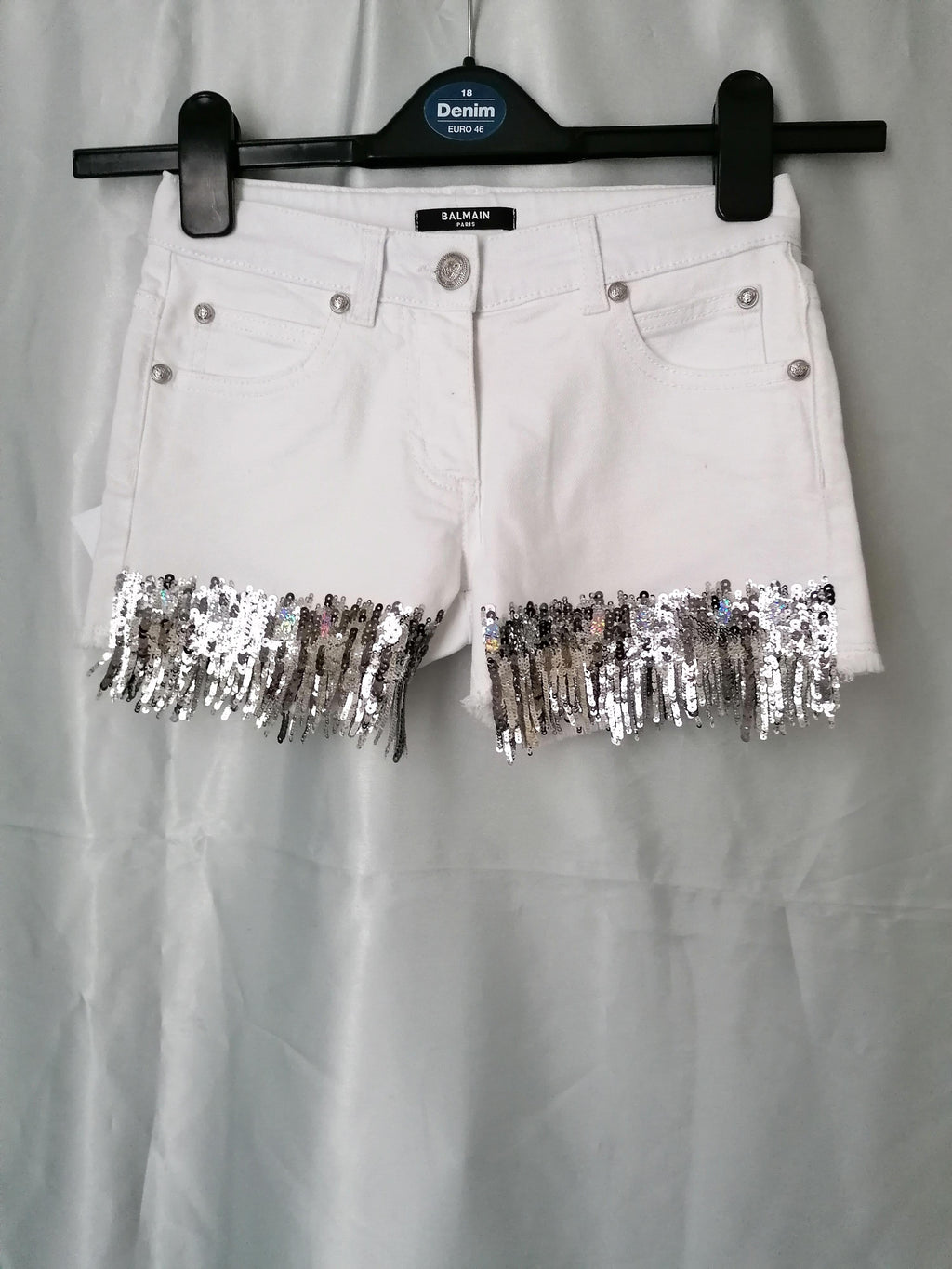 White Denim Sequin Fringed Shorts