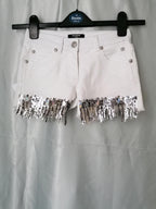 White Denim Sequin Fringed Shorts