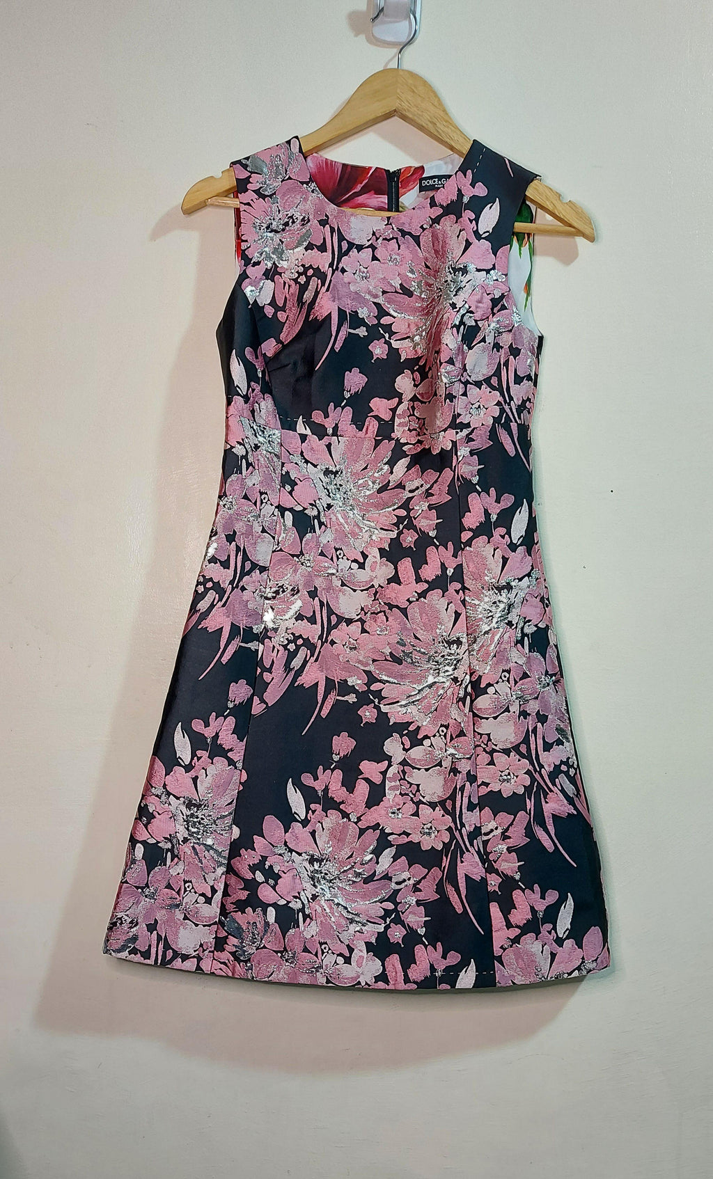 pink & black floral Duchesse satin dress