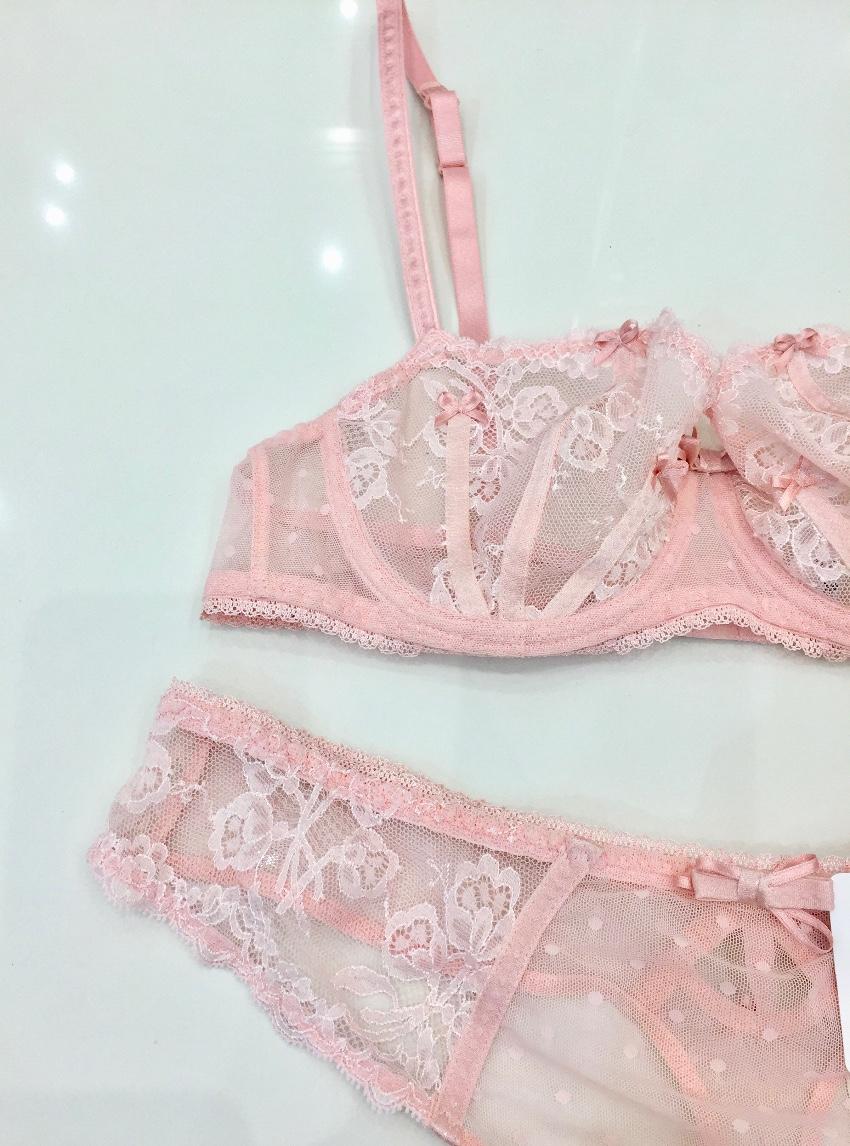 Aubade Paris Sugar Pink Leavers Lace Half Cup Bra & Tanga Set