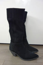 black suede long western heeled boots