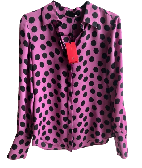 Pink And  Black Polka Dot Silk Blouse