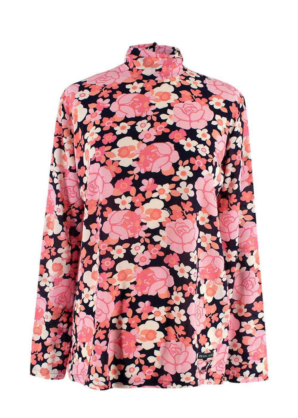 Prada Pink Floral High Neck Silk Blouse