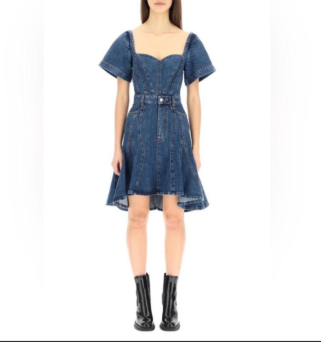 Alexander McQueen Denim Fluted Mini Dress