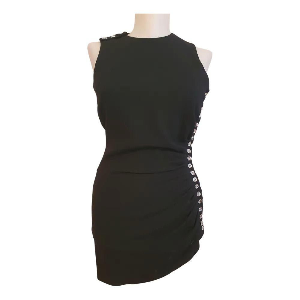 Black wool crepe crystal embellished ruched mini dress