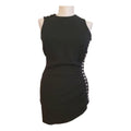 Black wool crepe crystal embellished ruched mini dress