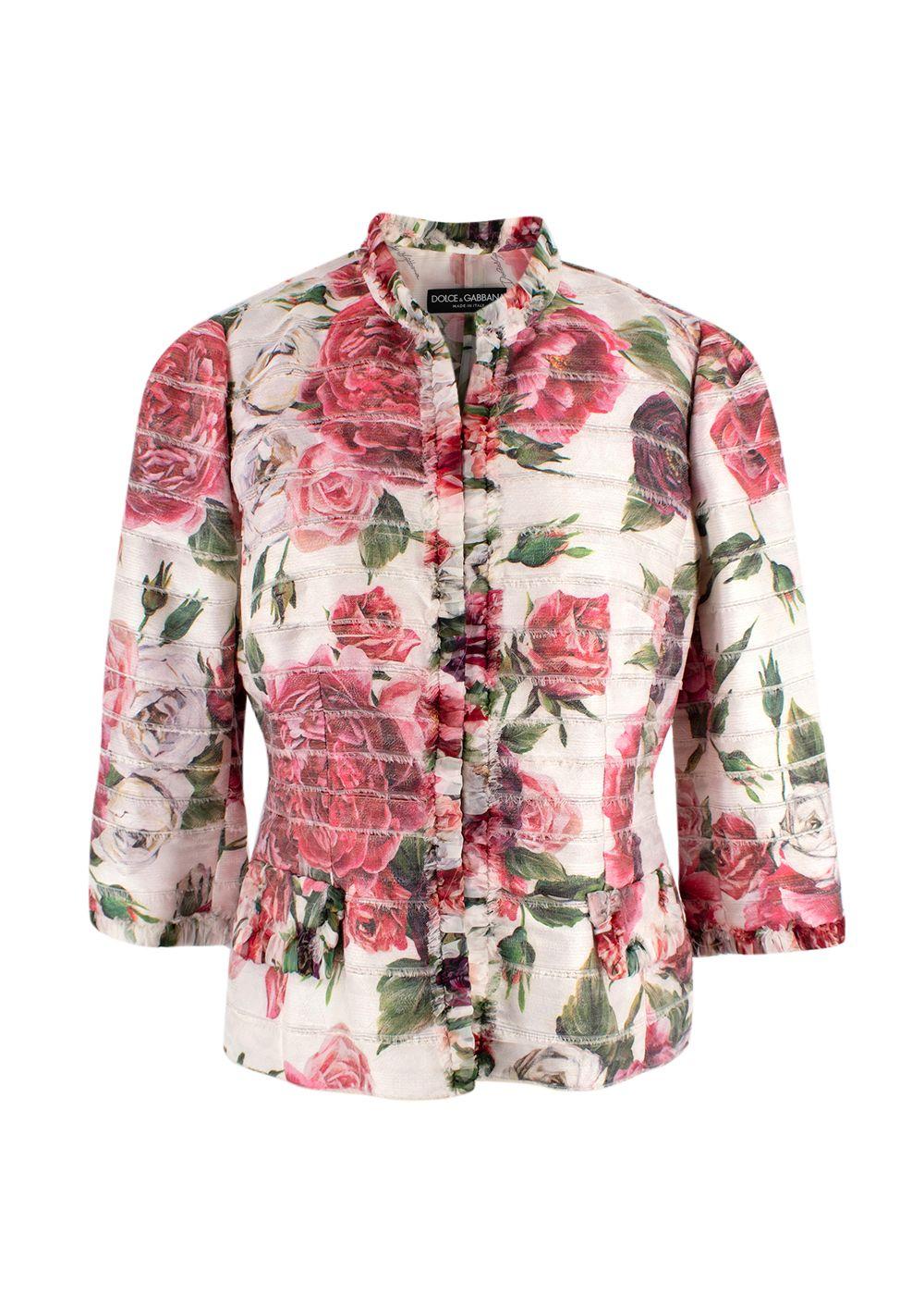 Dolce & Gabbana White Frayed Sliced Floral-print Gauze Jacket