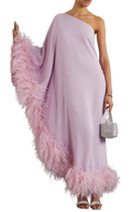 Ubud one-sleeve feather-trimmed crepe gown