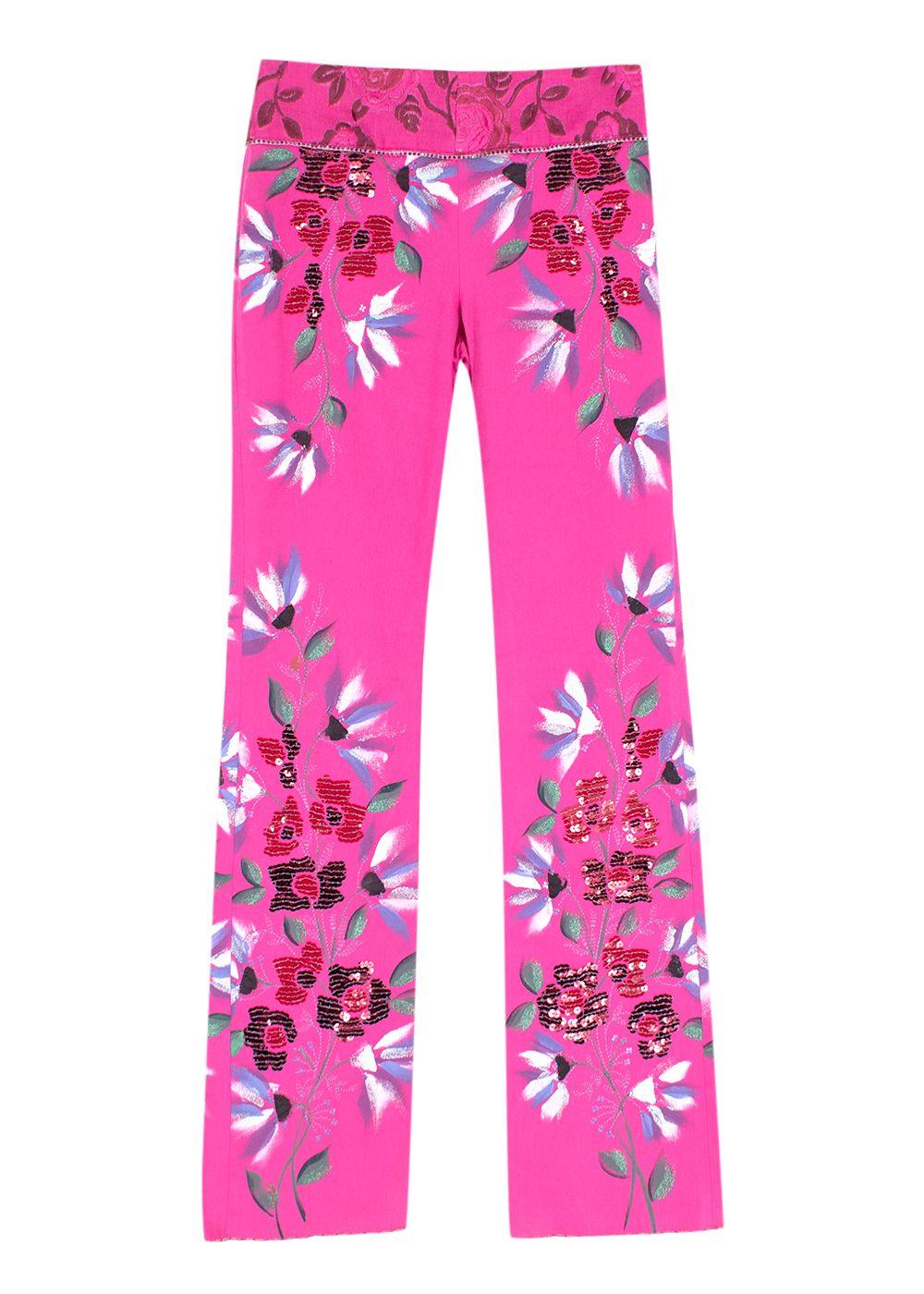 vintage pink cotton hand painted floral trousers