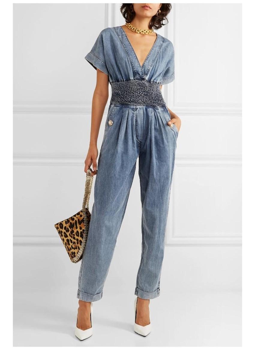 Balmain Blue V-Neck Denim Jumpsuit