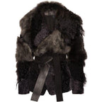 Donna Karan Leather Trimmed Patchwork Shearling Coat