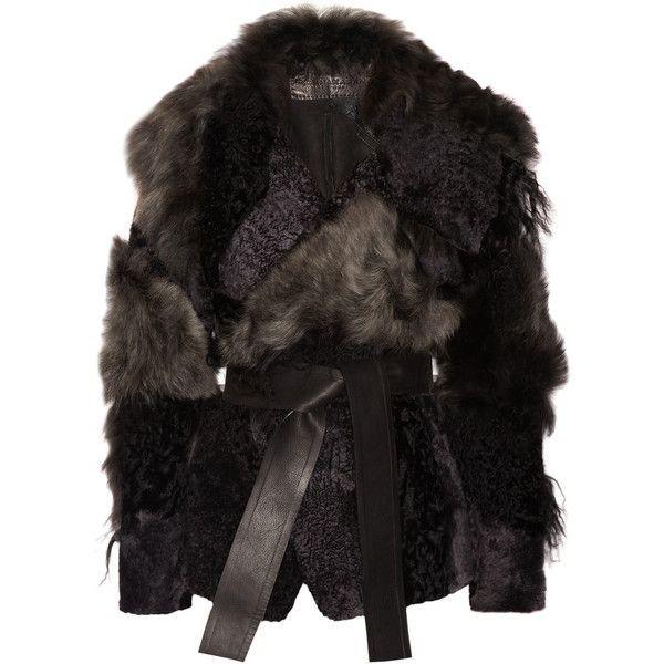 Donna Karan Leather Trimmed Patchwork Shearling Coat