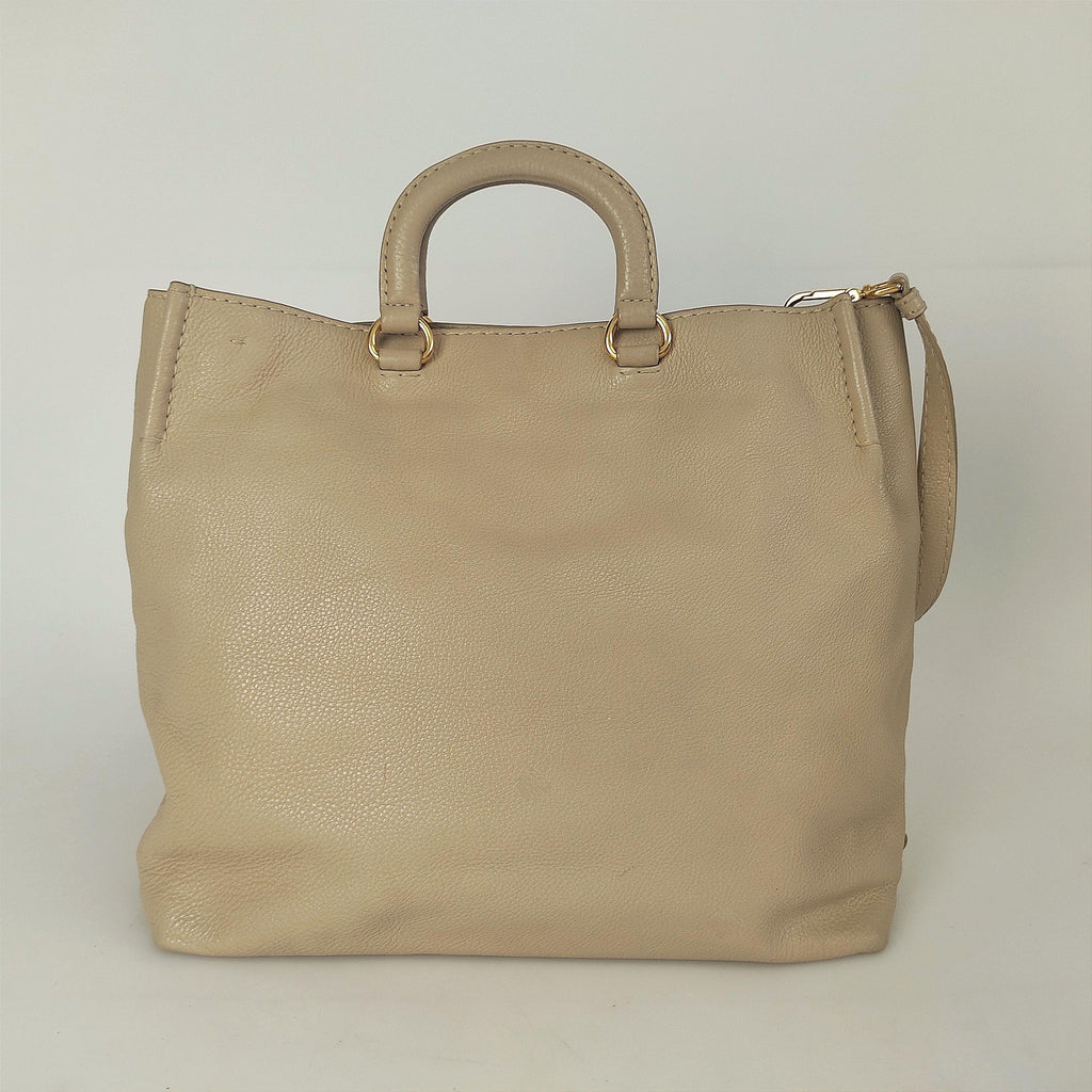 Beige leather logo embossed tote bag