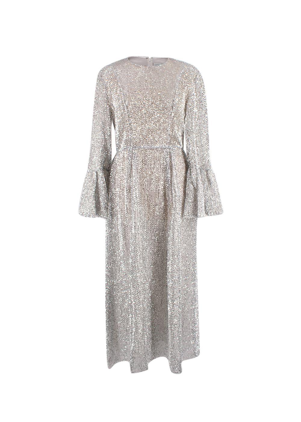 Silver Sequin Embellished Frill Sleeved Maxi Dress