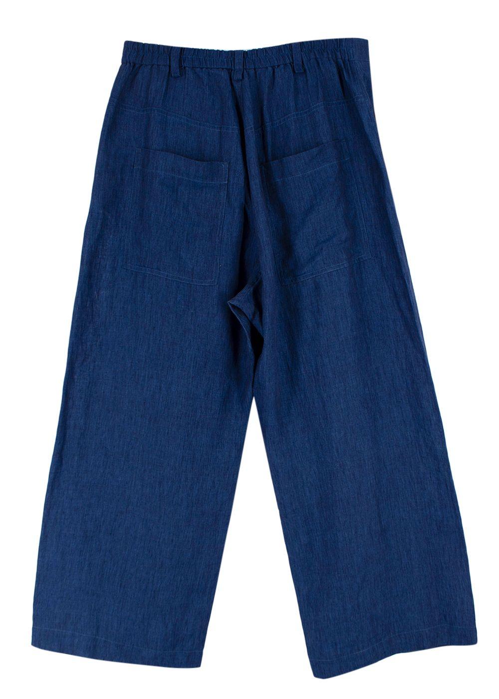 Momoni Navy Linen Wide Leg Trousers