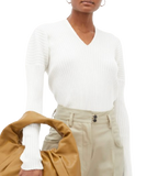 Bottega Veneta Ivory Long Sleeve Ribbed V-Neck Top