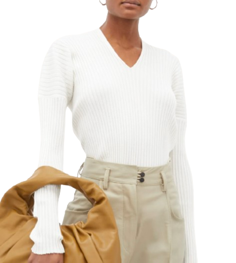 Bottega Veneta Ivory Long Sleeve Ribbed V-Neck Top