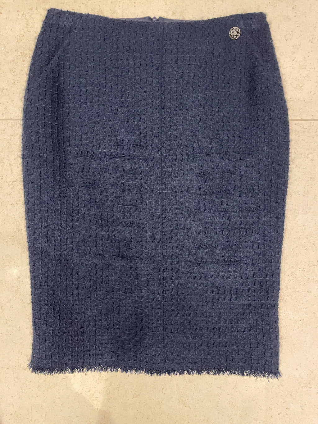 Navy Blue Lesage Tweed Knee Length Skirt
