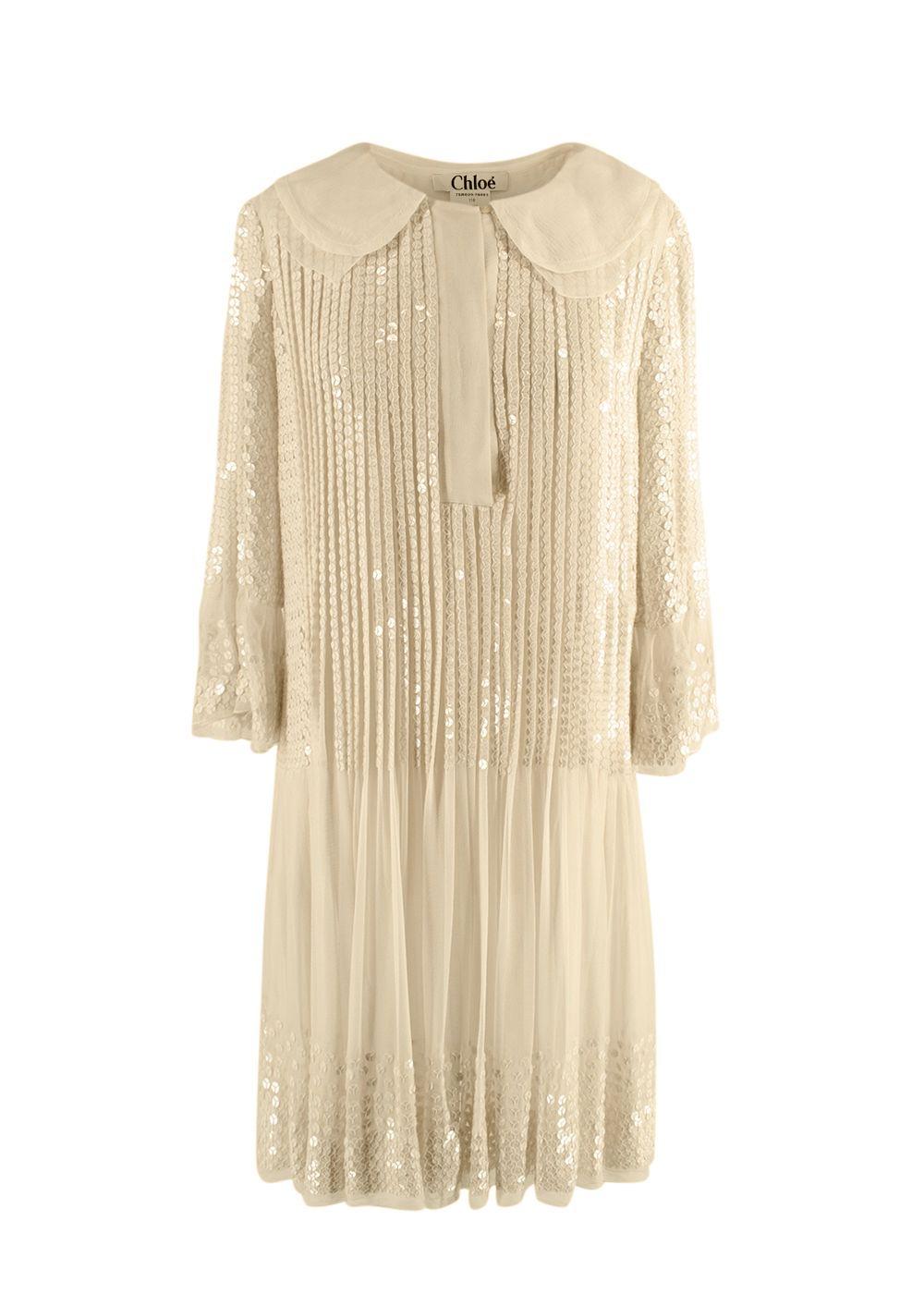 Chloe Ecru Sequin Embroidered Silk Pleated Dress