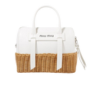 Miu Miu White Midollino Leather and Raffia Top Handle Bag