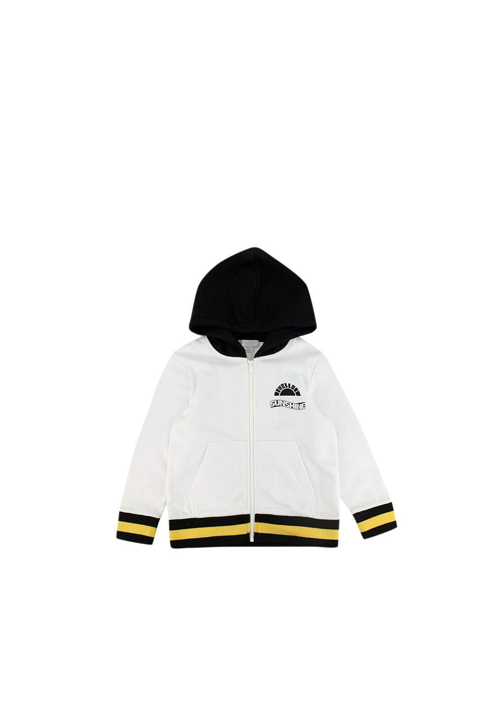 White Zipped Hoodie With Contrasting Yellow And Black Striped Hem and Cuffs
