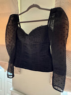 Black Polka-Dot Mesh Long-Sleeve Corset Top