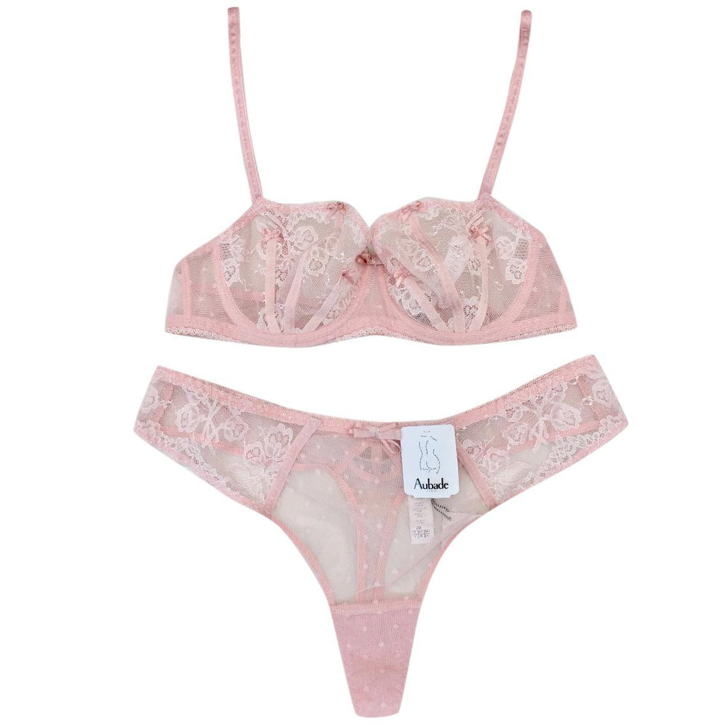 Aubade Paris Sugar Pink Leavers Lace Half Cup Bra & Tanga Set