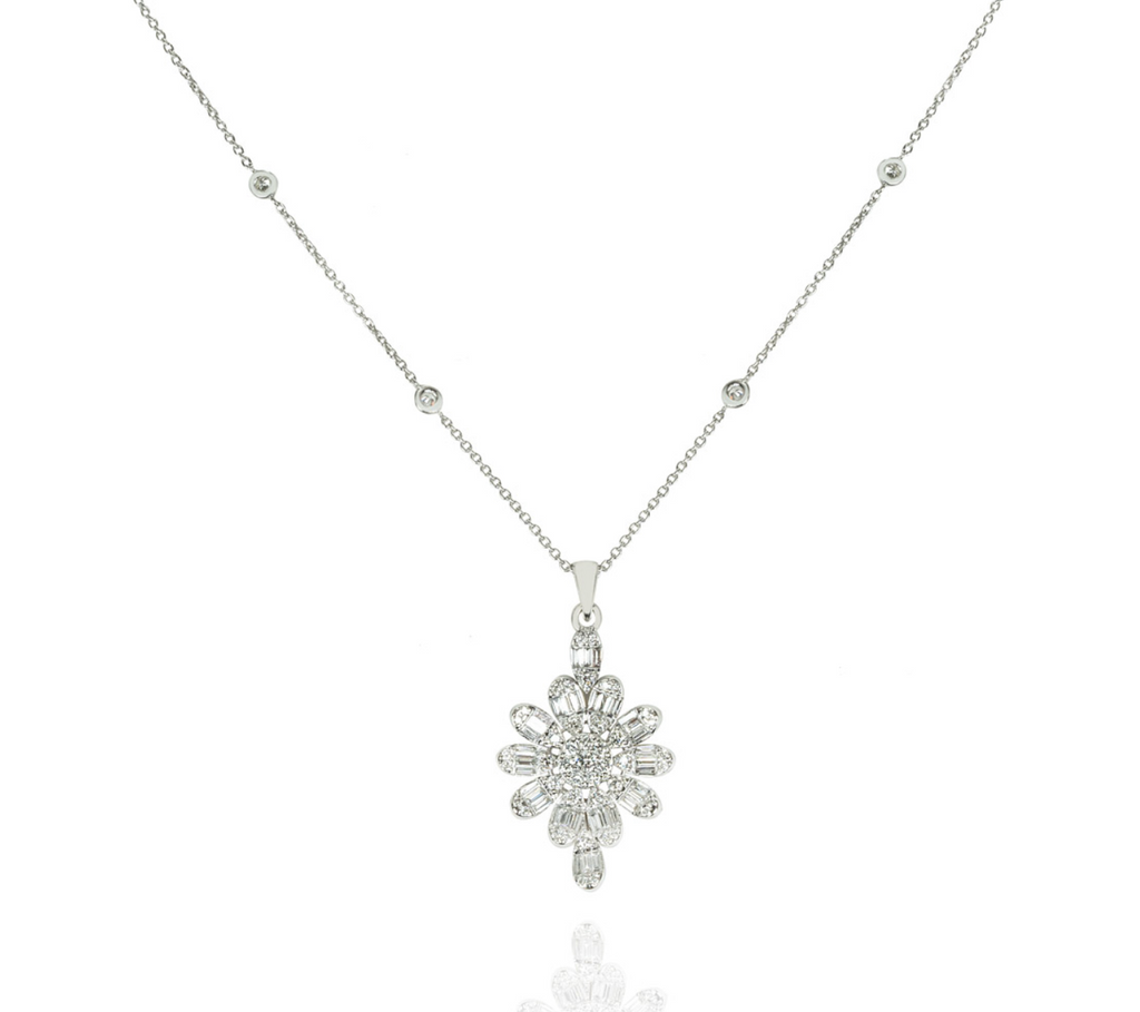 White Gold Diamond Floral Pendant Necklace 0.98ct TDW