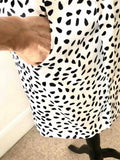 Black & white crescent print satin one-shoulder dress