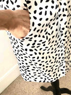 Black & white crescent print satin one-shoulder dress