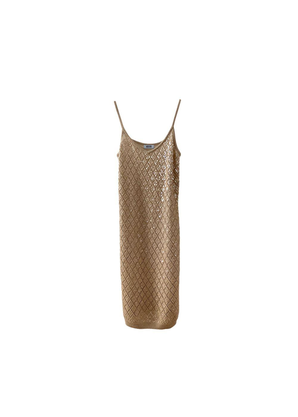Beige sequinned pointelle knit cami dress