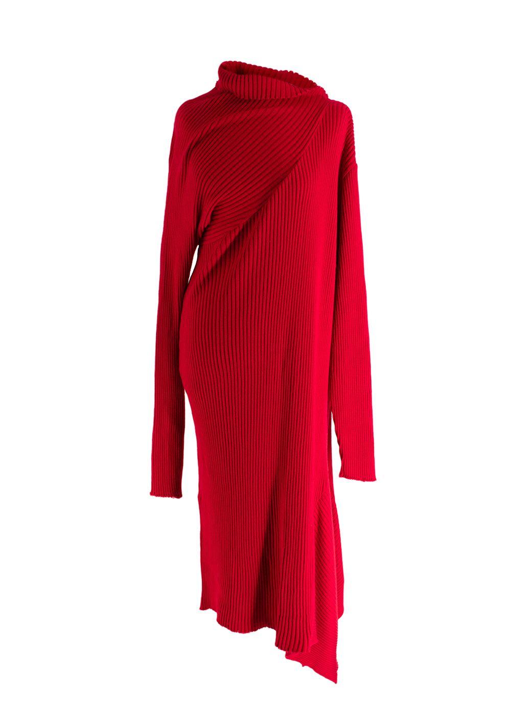 Marques Almeida Red Knitted Asymmetric Wool Dress
