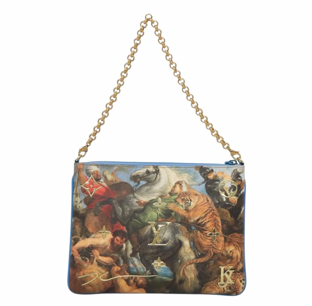 Limited Edition Louis Vuitton x Jeff Koons Masters Collection Pochette – “Tiger Hunt” Print with Gold Chain Strap