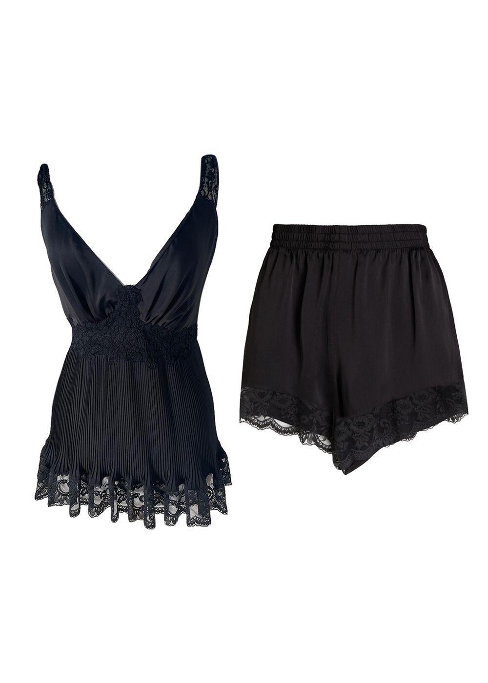 Plisse Black Crepe de Chine Lace Trimmed Top & Shorts Set