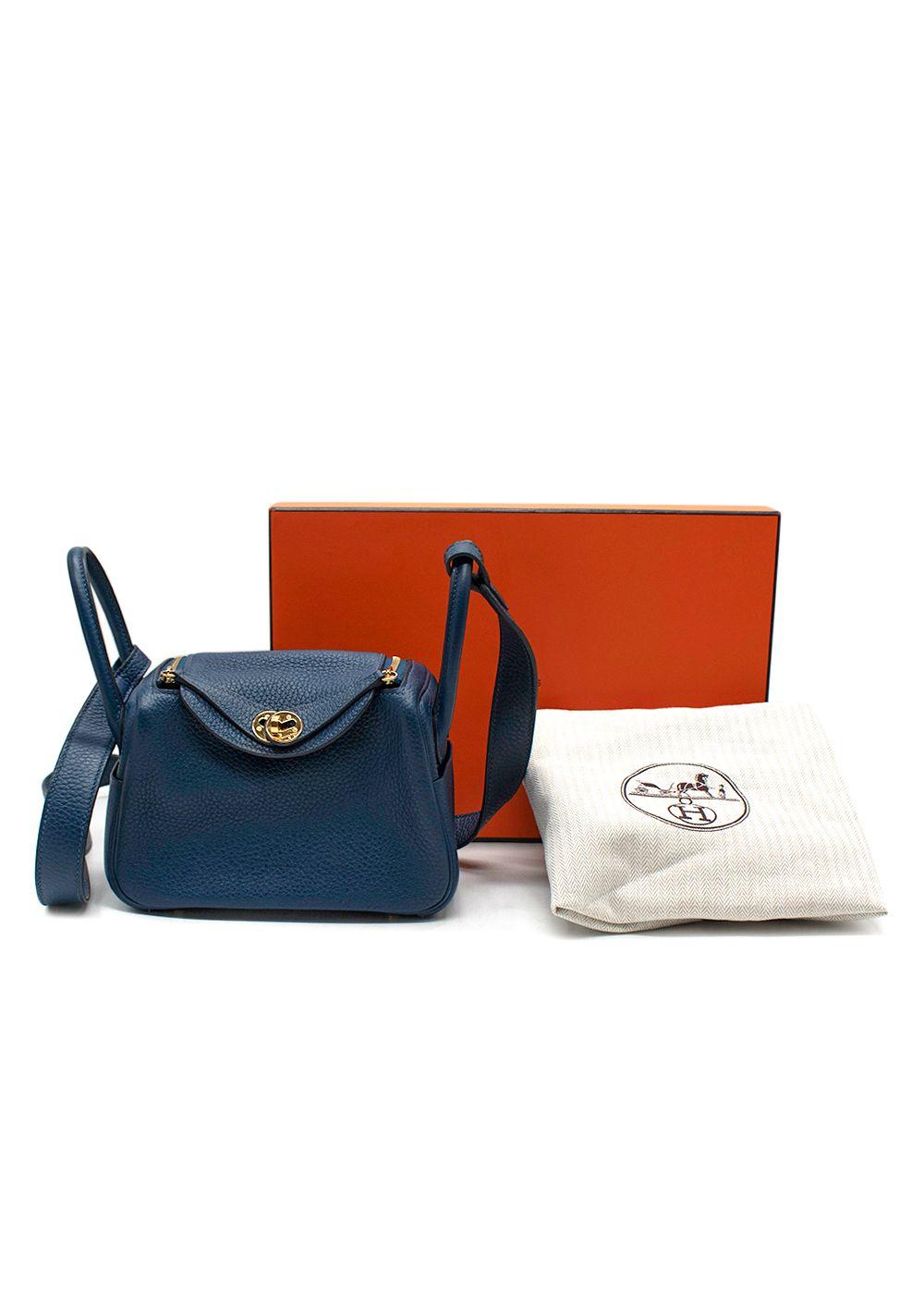 Hermes Taurillon Clemence Mini Lindy in Deep Bleu with Gold Hardware