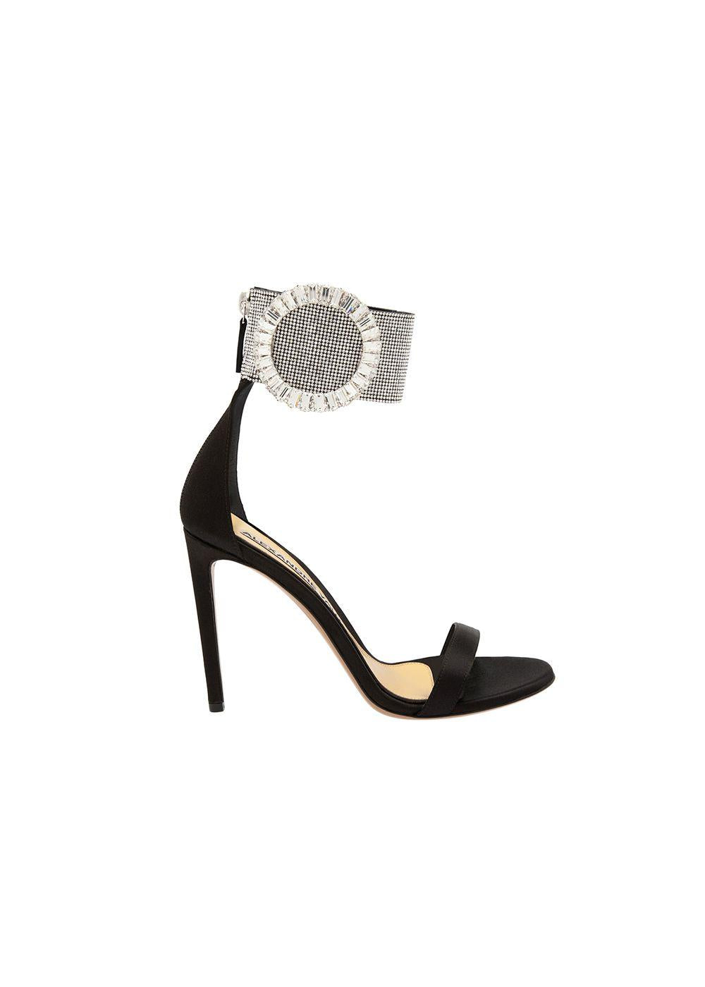 Black satin & crystal heeled sandals