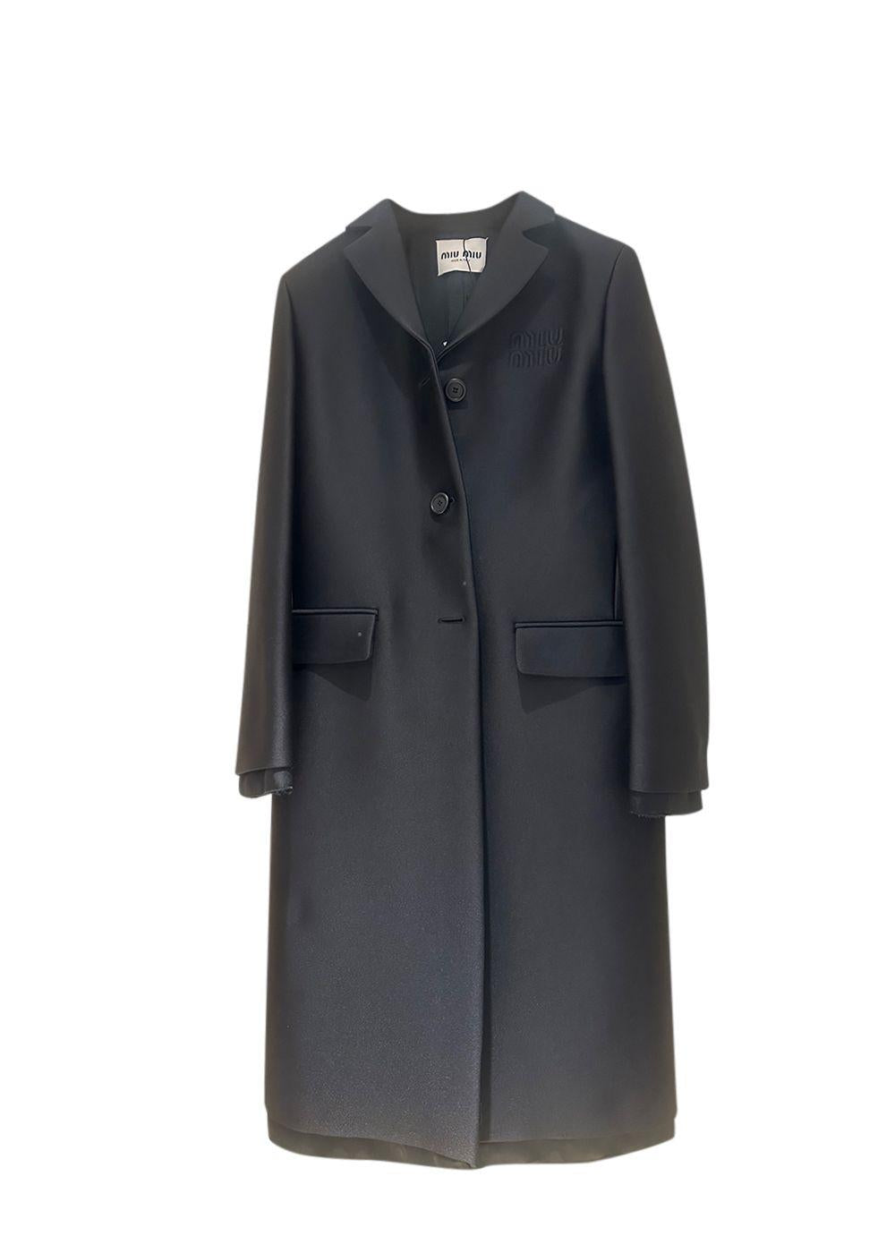 Miu Miu Black Single Breasted Longline Coat with Logo Detail