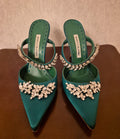 Manolo Blahnik Embellished Green Satin Mules
