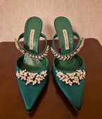 Manolo Blahnik Embellished Green Satin Mules