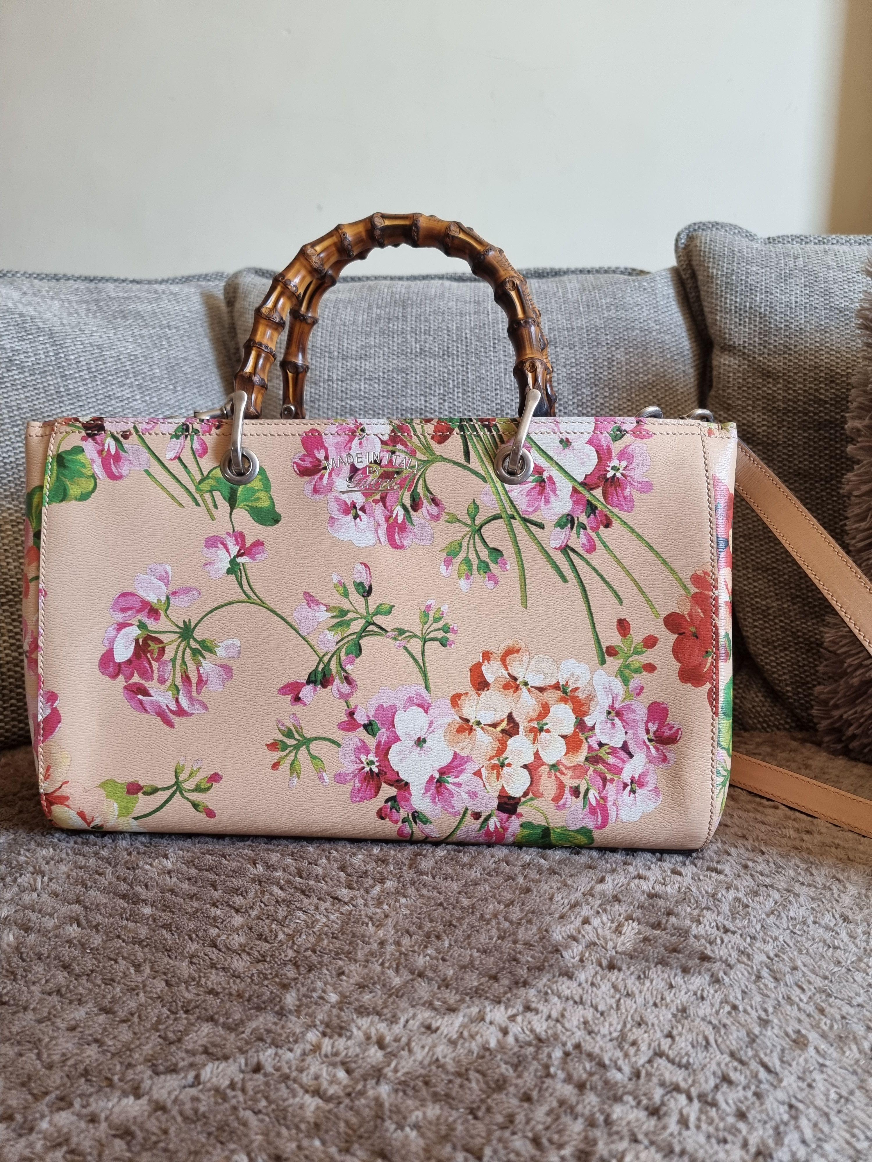 Pink Blooms printed leather Bamboo Shopper bag