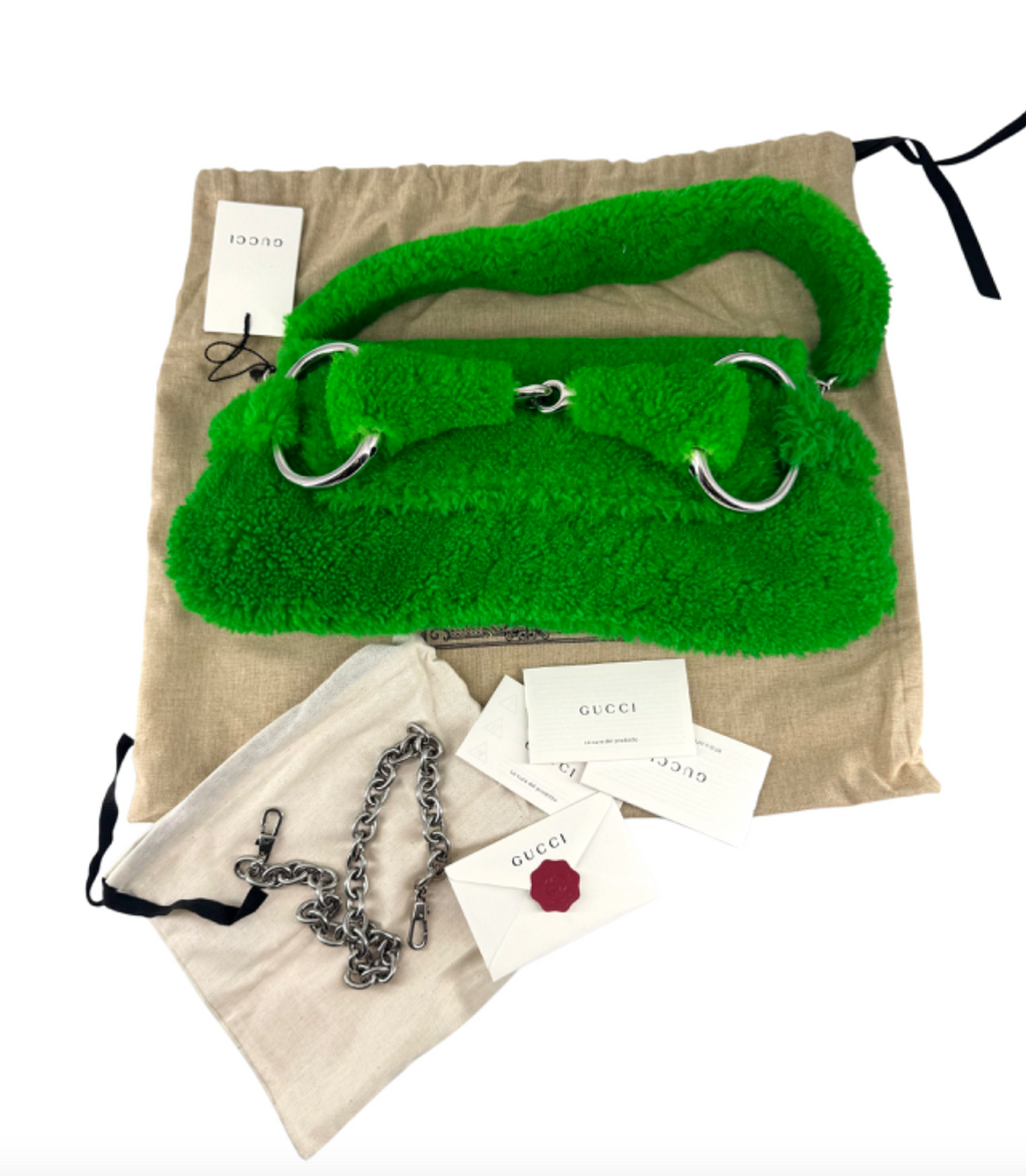 Gucci Grass Green Shearling Horsebit 1955 Chain Shoulder Bag