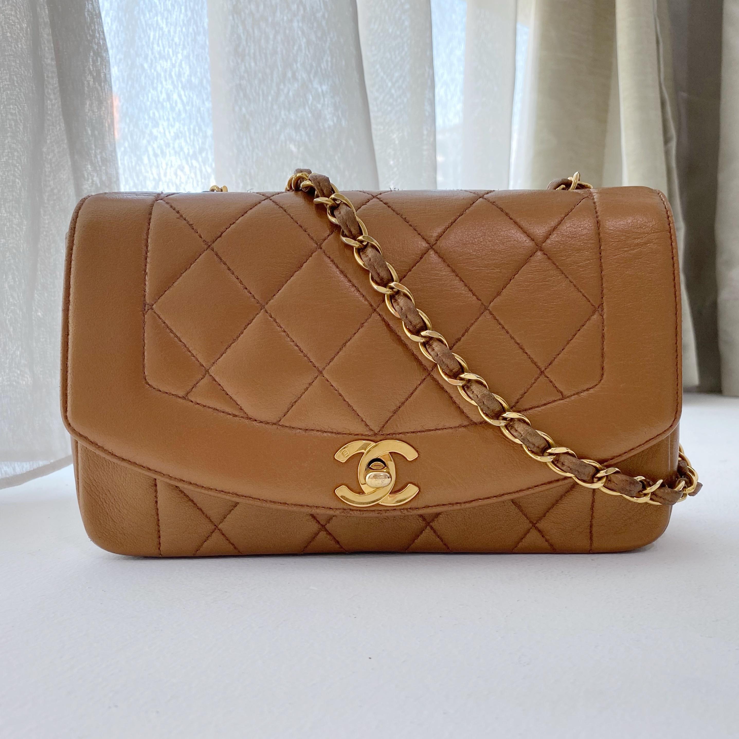 Vintage camel leather quilted small Diana flap bag