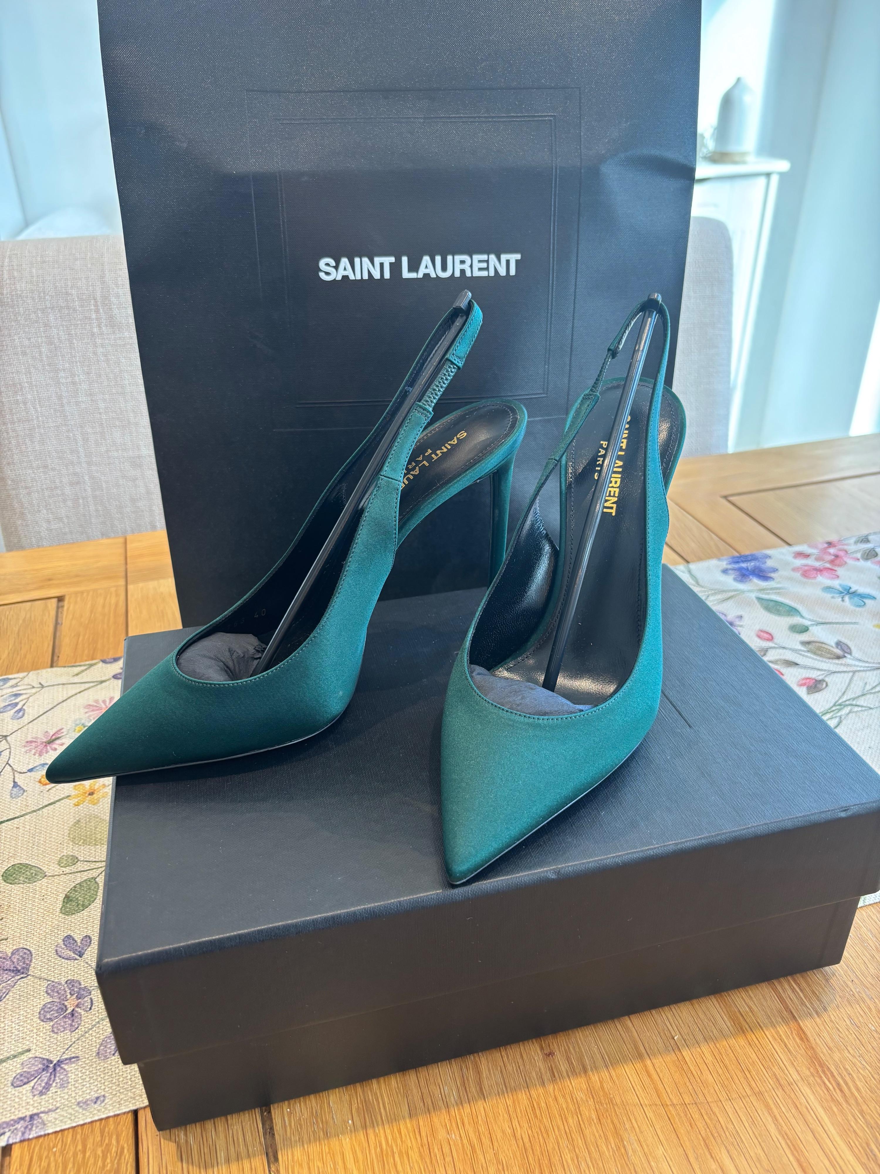 Saint Laurent Dorian Green Satin Heeled Slingback Shoes
