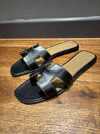 Hermes Black Leather Oran Sandals