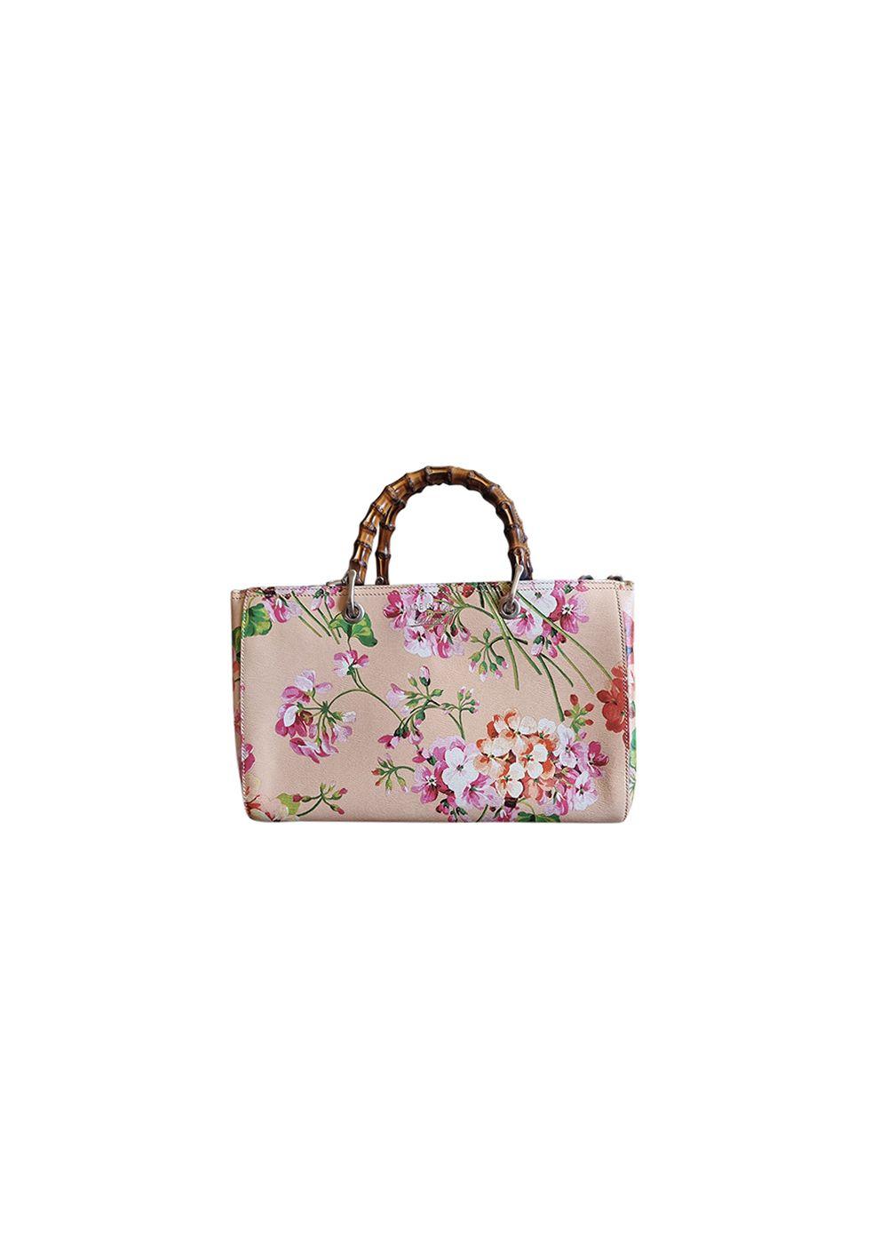 Pink Blooms printed leather Bamboo Shopper bag