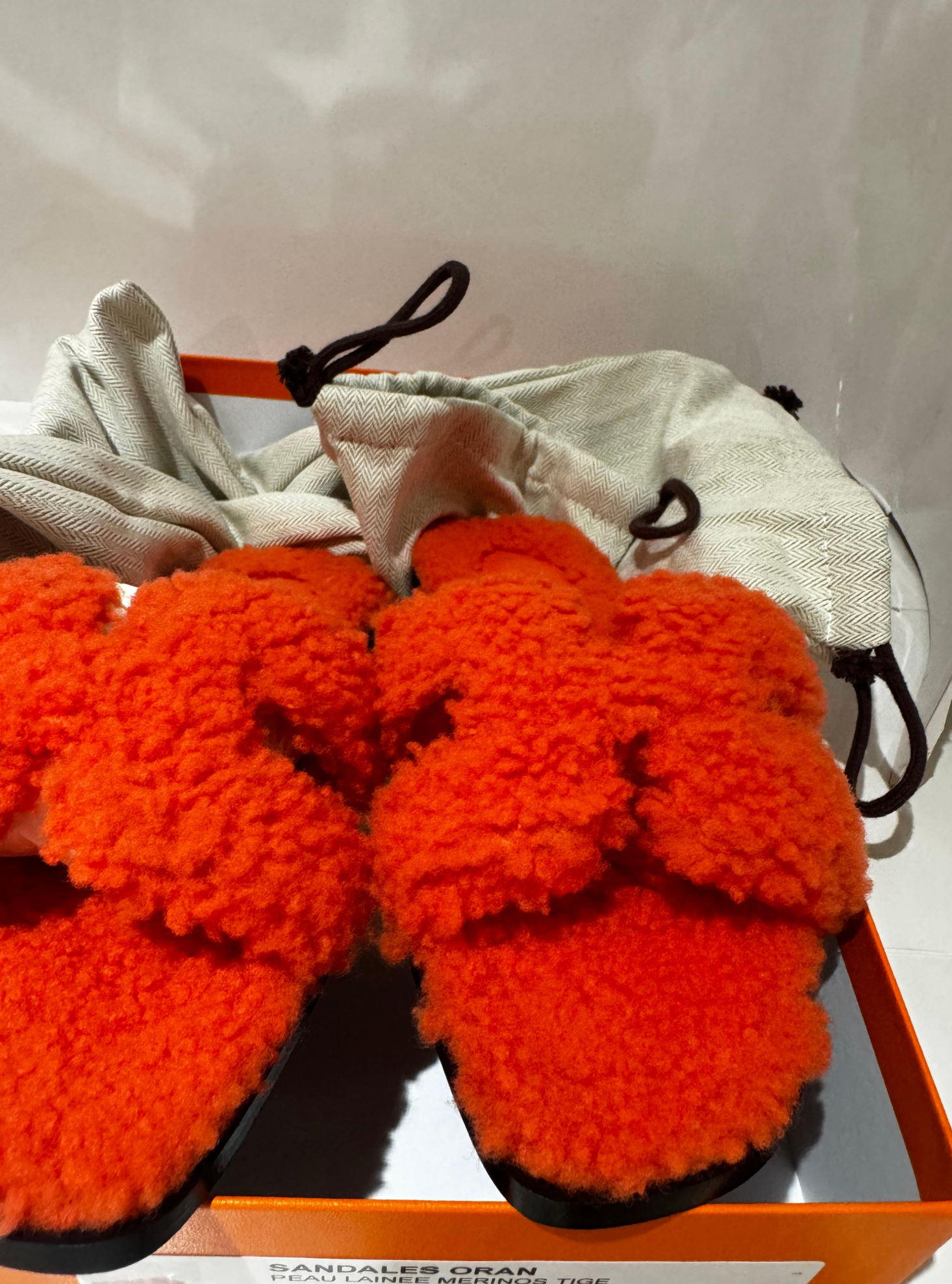 Hermes Orange Shearling Oran Sandals