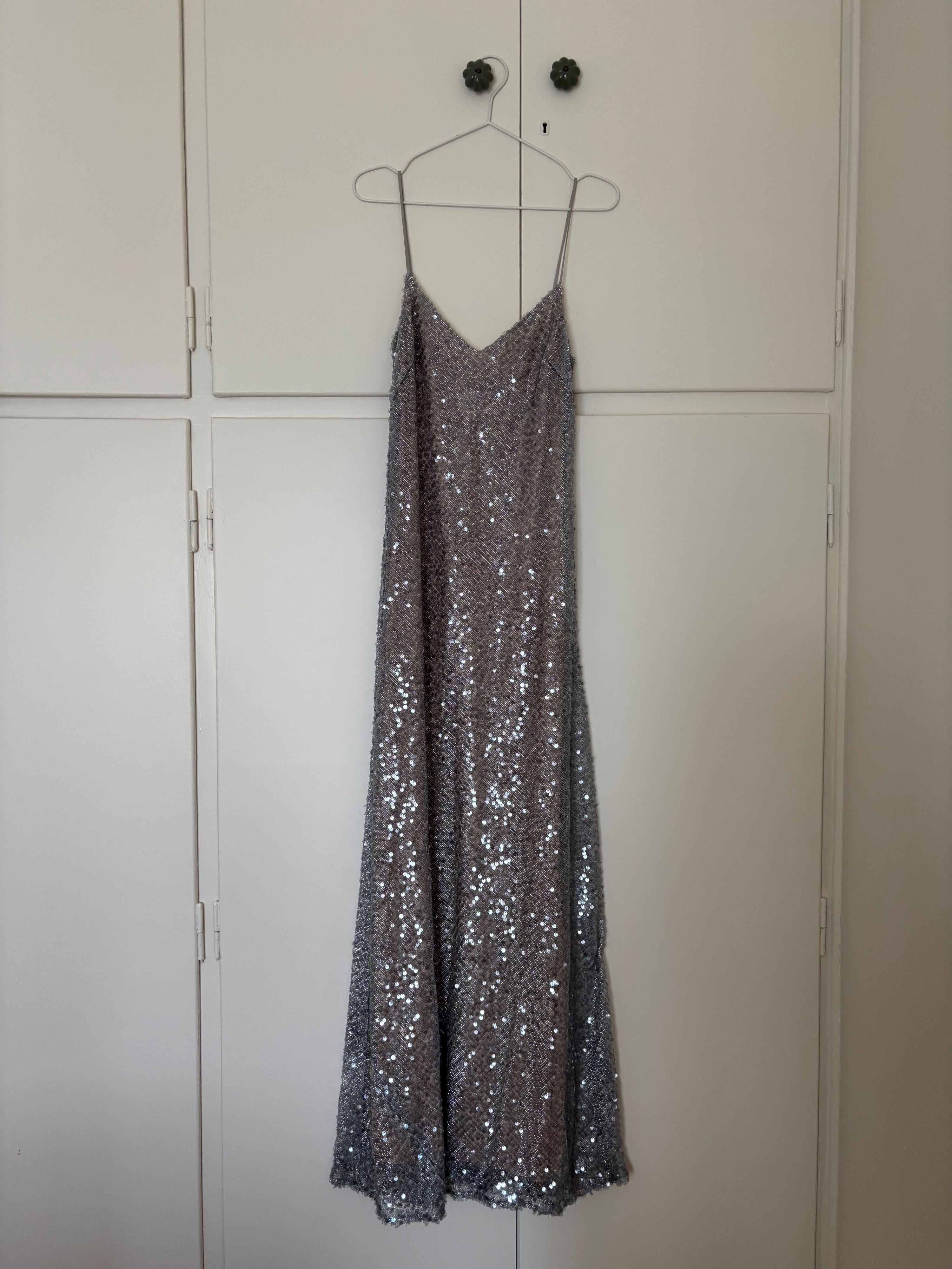 Galvan Silver Sequin Evening Dress