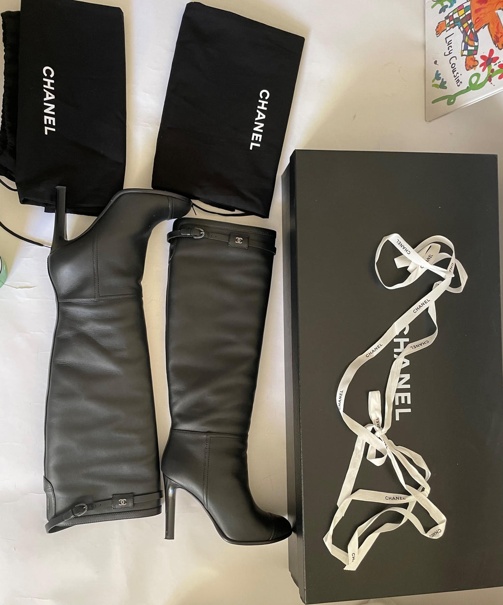 Black Leather CC Heeled Knee High Boots